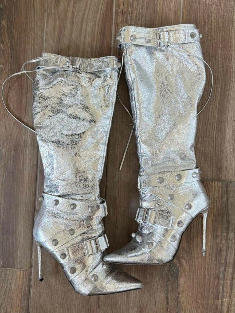 🔥 Steve Madden Fink Metallic Silver Snake-Skin Knee-High Stiletto Boots Size 6